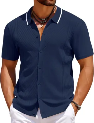 COOFANDY Men's Knit Short Sleeve Button Down Shirt Vintage Polo Shirt Casual Summer Beach Shirts