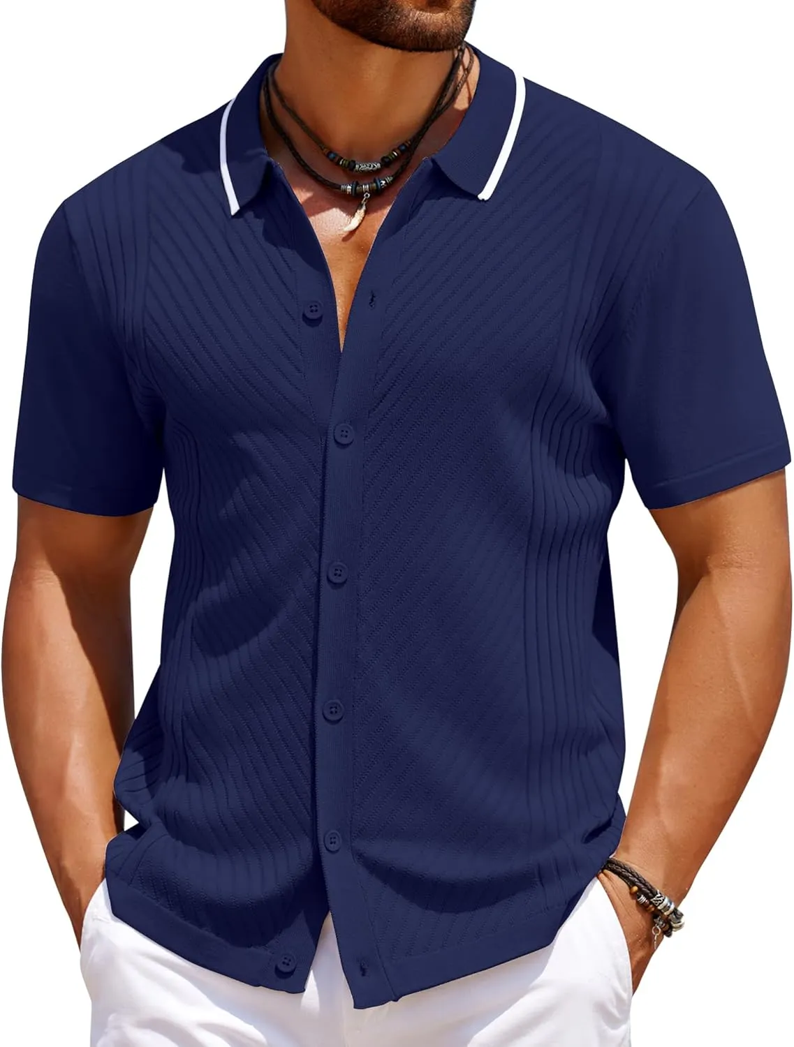 COOFANDY Men's Knit Short Sleeve Button Down Shirt Vintage Polo Shirt Casual Summer Beach Shirts