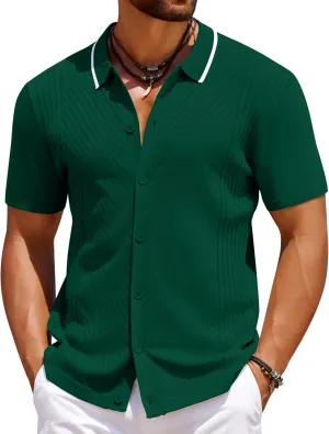 COOFANDY Men's Knit Short Sleeve Button Down Shirt Vintage Polo Shirt Casual Summer Beach Shirts
