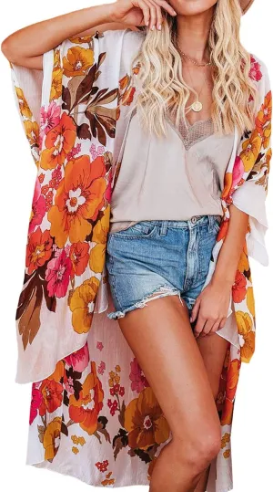 Jayscreate Women's Chiffon Kimono Cardigans Lightweight Batwing Summer Casual Long Boho Sheer Cardigan for Women Coverup Tops