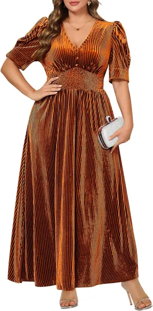 Pinup Fashion Velvet Wedding Guest Dress - Fall Formal Holiday V Neck Empire Waist Long Dresses