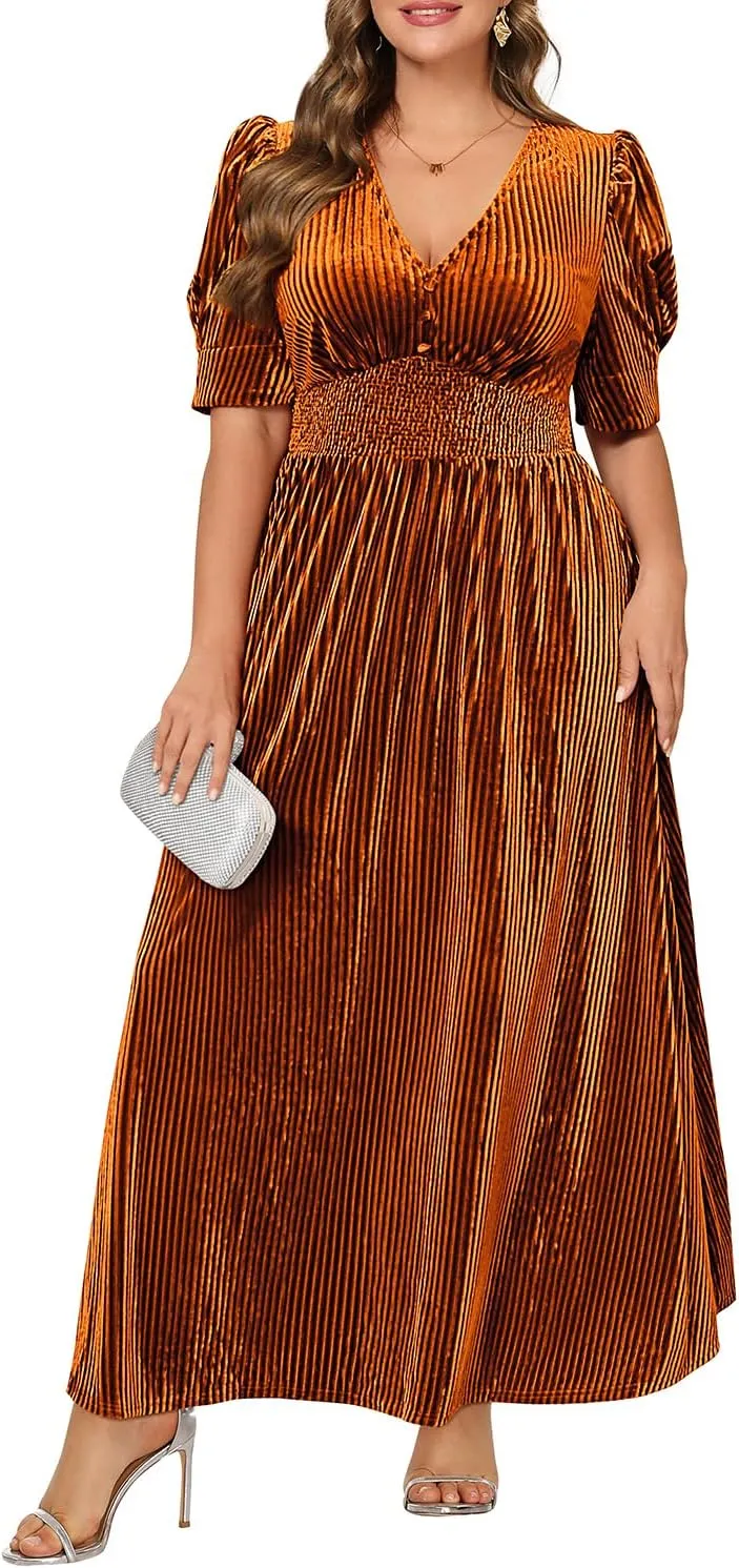 Pinup Fashion Velvet Wedding Guest Dress - Fall Formal Holiday V Neck Empire Waist Long Dresses
