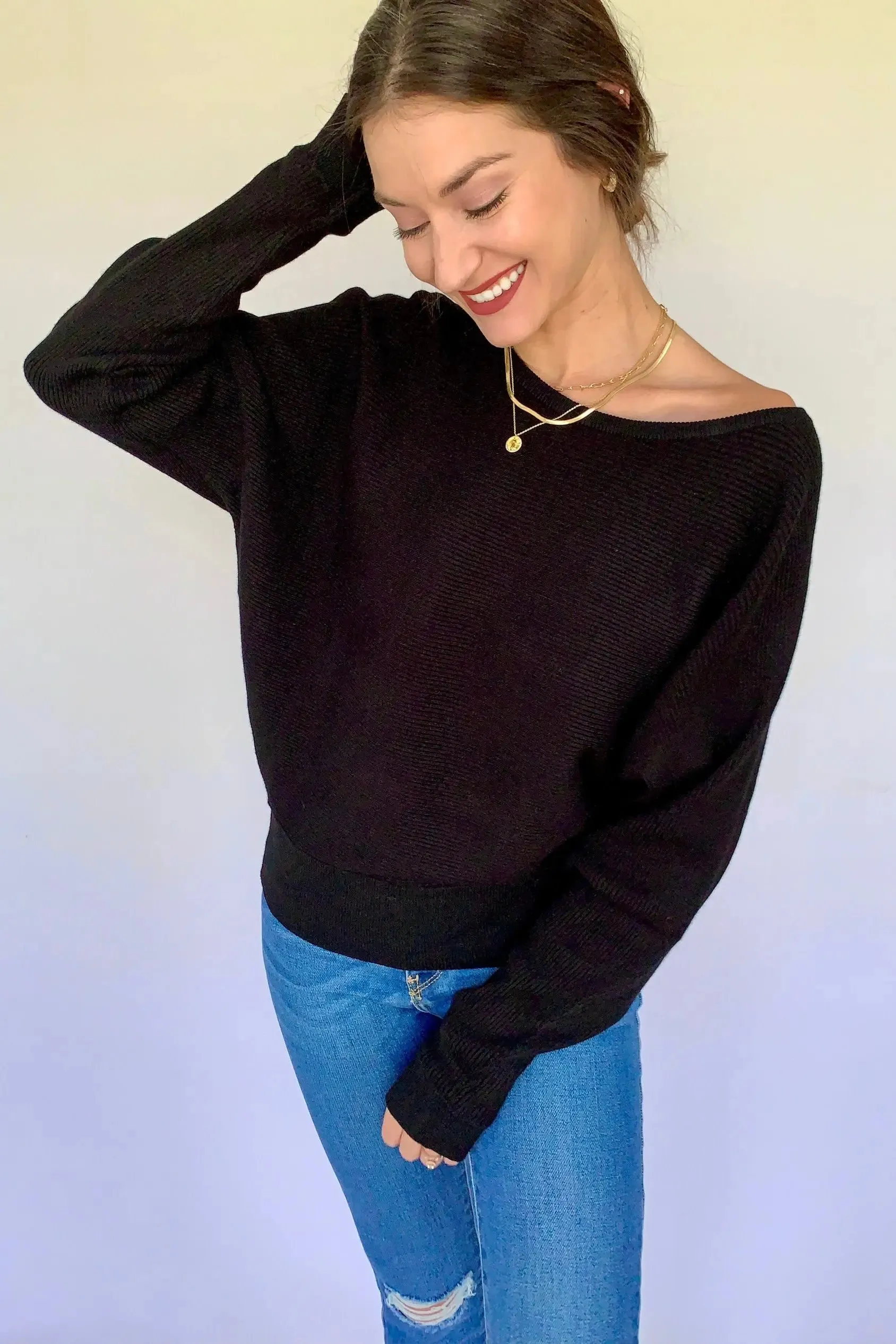 Rib Knit OTS Dolman Black Sweater