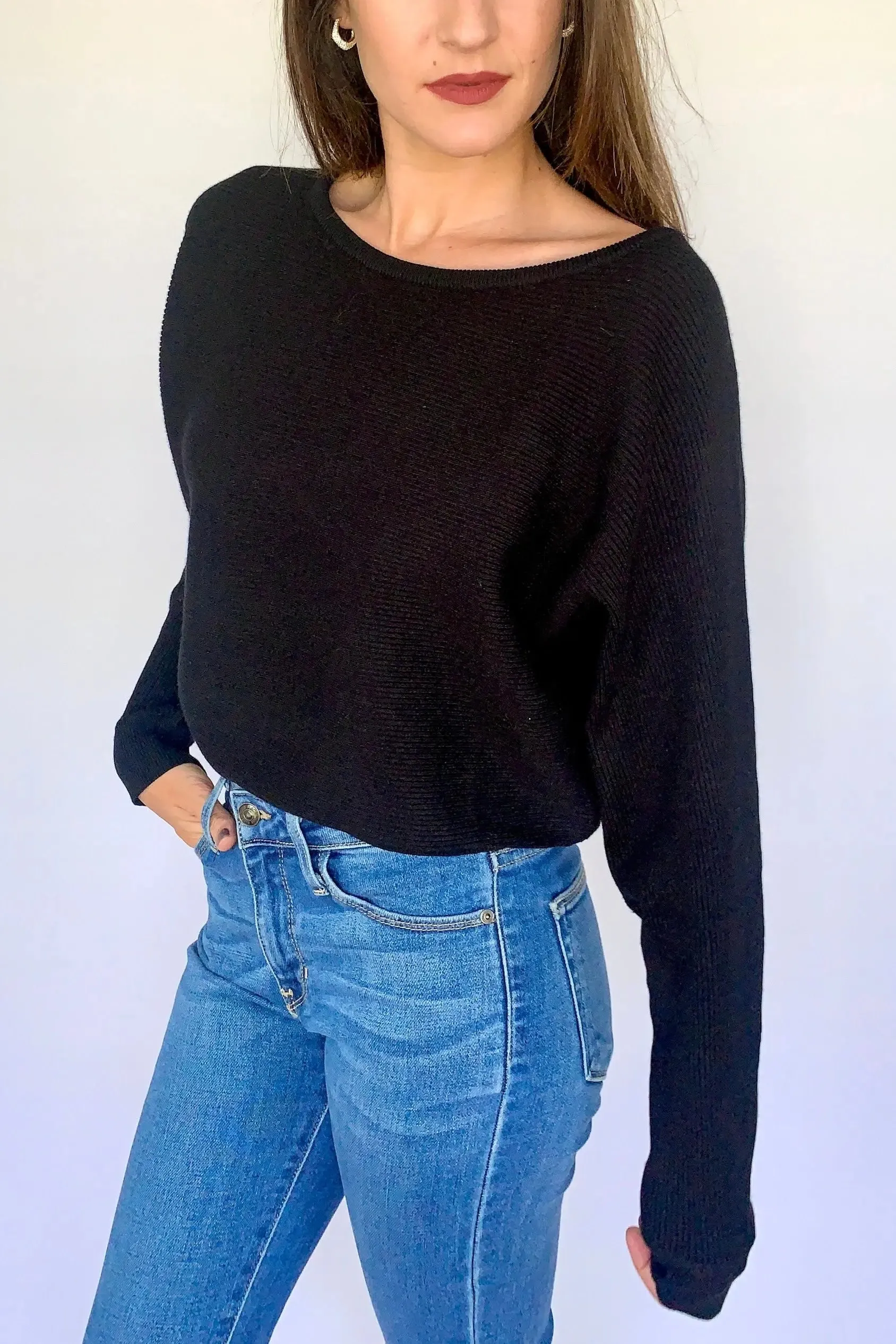 Rib Knit OTS Dolman Black Sweater