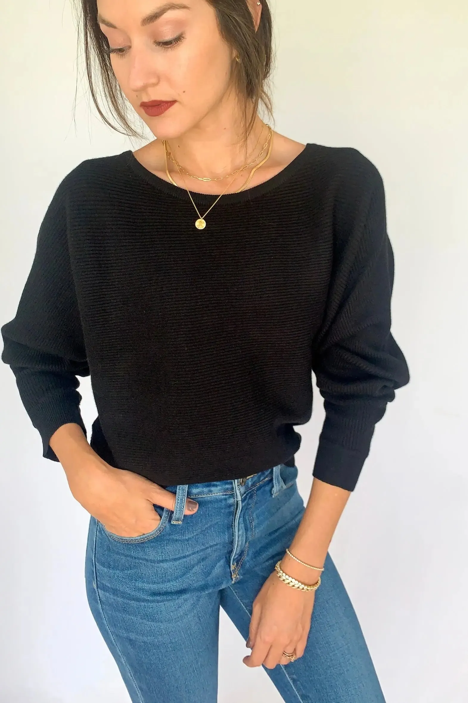 Rib Knit OTS Dolman Black Sweater