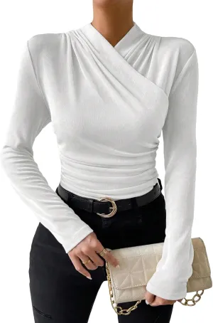 SweatyRocks Women's Ruched Mock Neck Long Sleeve T Shirt Solid Slim Fitted Tee Tops