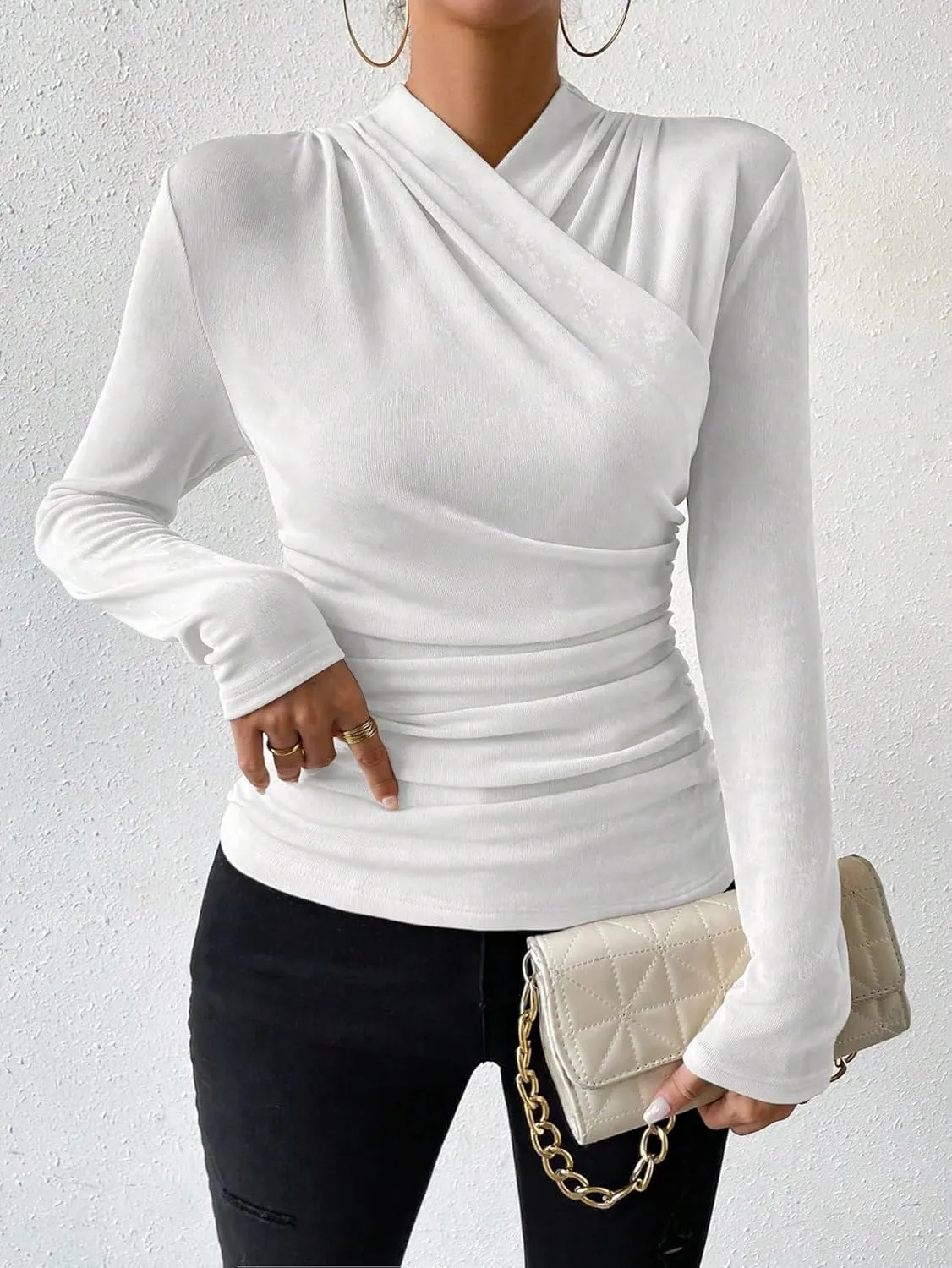 SweatyRocks Women's Ruched Mock Neck Long Sleeve T Shirt Solid Slim Fitted Tee Tops