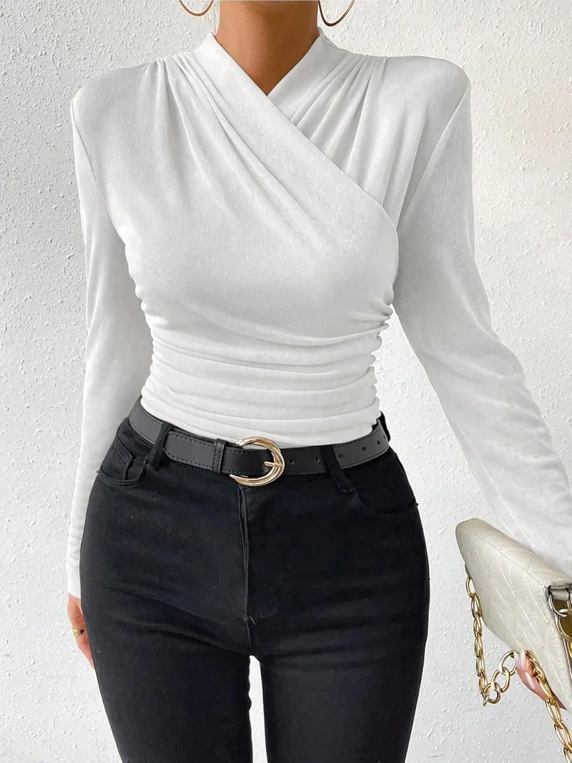 SweatyRocks Women's Ruched Mock Neck Long Sleeve T Shirt Solid Slim Fitted Tee Tops