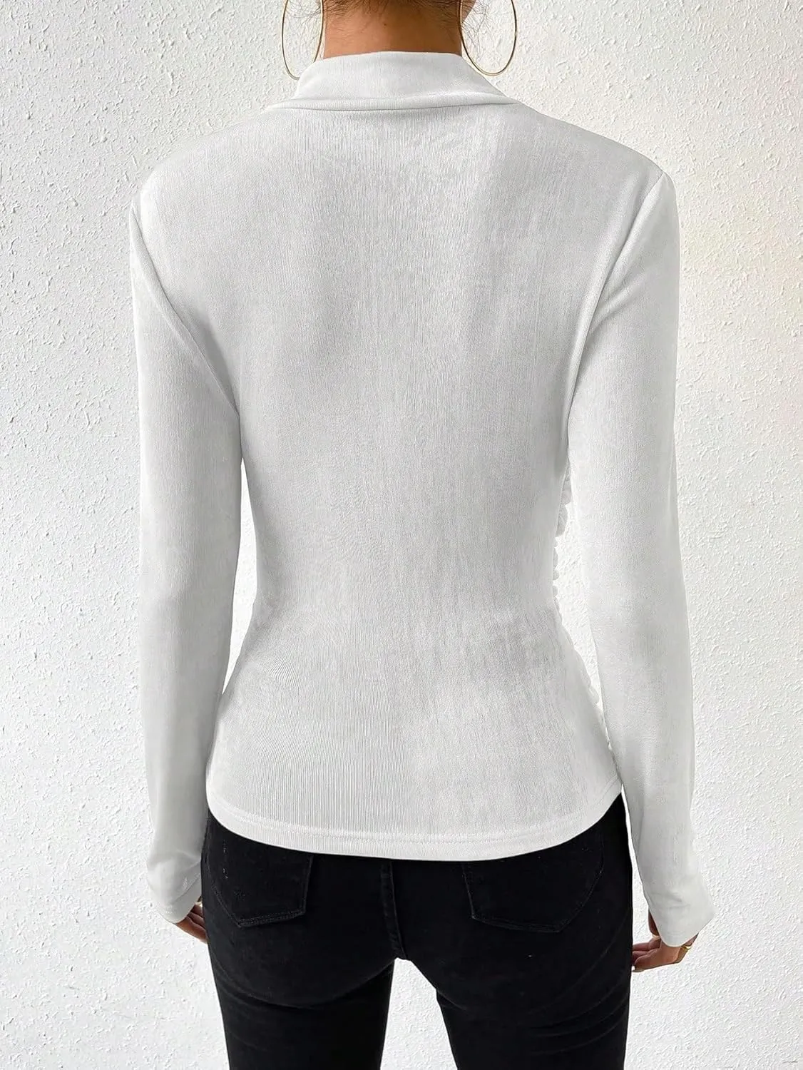 SweatyRocks Women's Ruched Mock Neck Long Sleeve T Shirt Solid Slim Fitted Tee Tops