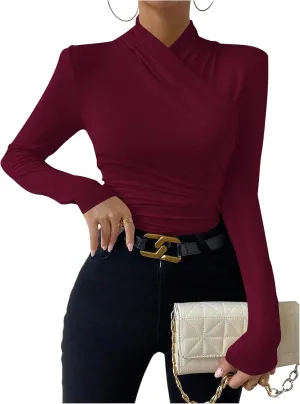 SweatyRocks Women's Ruched Mock Neck Long Sleeve T Shirt Solid Slim Fitted Tee Tops