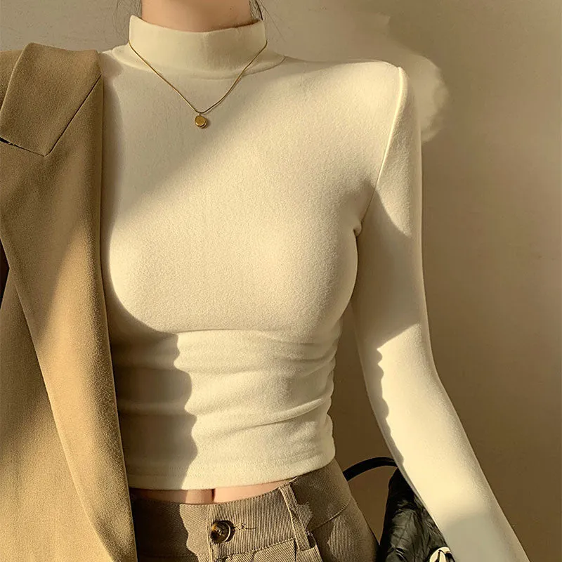 thanksgiving outfit Joskaa Double Sided Fleece Turtleneck Base Shirt Women Casual Slim Solid Long Sleeve Knitted Pullovers Lady Autumn Chic Thick Warm Tops