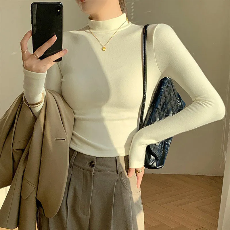 thanksgiving outfit Joskaa Double Sided Fleece Turtleneck Base Shirt Women Casual Slim Solid Long Sleeve Knitted Pullovers Lady Autumn Chic Thick Warm Tops