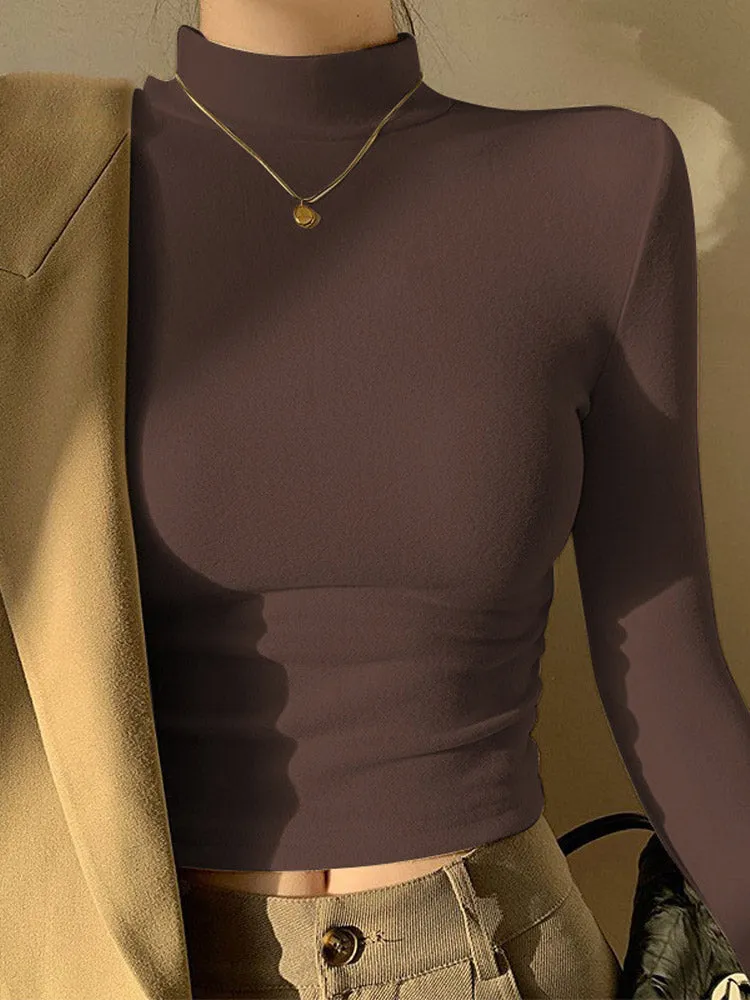 thanksgiving outfit Joskaa Double Sided Fleece Turtleneck Base Shirt Women Casual Slim Solid Long Sleeve Knitted Pullovers Lady Autumn Chic Thick Warm Tops