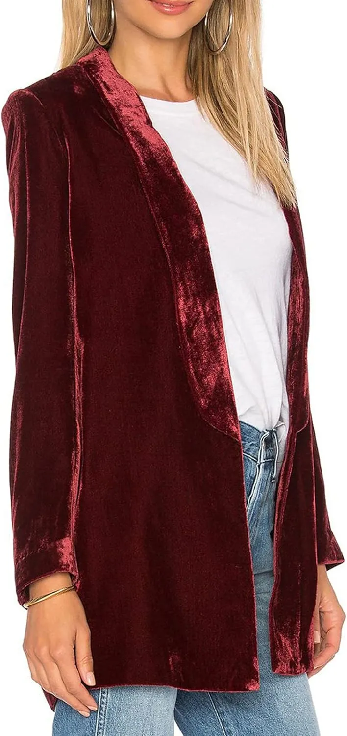 Velvet Blazers for Women Solid Open Front Lapel Cardigan Coat Long Sleeve Fall Winter Office Work Suit Jacket