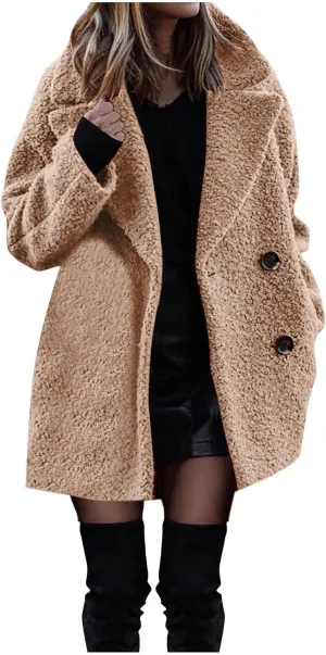 Women's Fuzzy Fleece Lapel Open Front Long Cardigan Coat Faux Fur Warm Winter Outwear Jackets Thick Loose Coats
