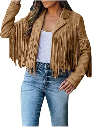 Women's Leather Jacket Faux Suede Fringe Jacket Long Sleeve Lapel Vintage Coats Open Front Tassel Cardigan