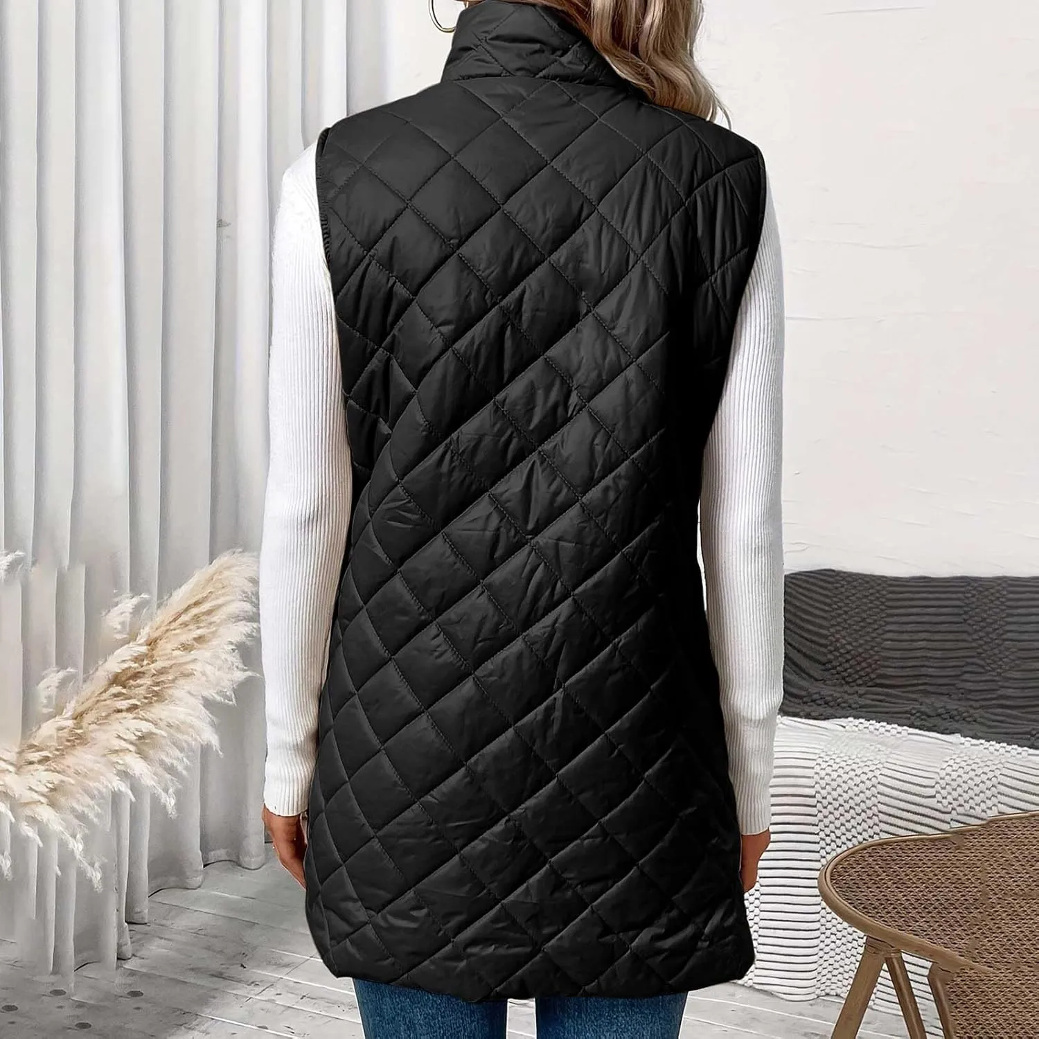 Women's Quilted Long Vest Basic Solid Color Lightweight Padded Gilet Petite Sleeveless Warm Coat Outerwear 2024