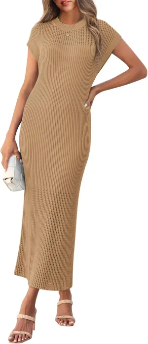 Yousify Womens Ribbed Knit Dress 2025 Trendy Casual Cap Sleeve Crewneck Maxi Dresses S-XXL